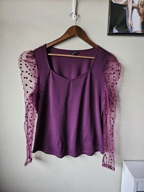 Alison Andrews Sheer Dot Sleeve Purple Top